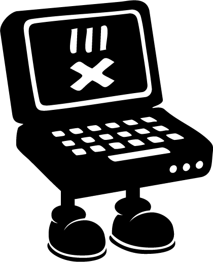 Cartoon of a laptop standing with a x face and feet.