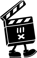 Cartoon of a clapper with legs and a x mouth.