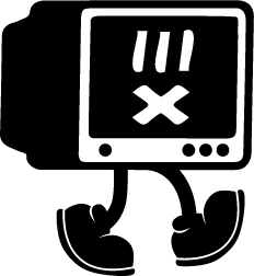 Cartoon of a tv walking with a x mouth, three lines for eyes and no arms.