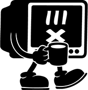 Cartoon of a tv with legs walking while holding a cup of coffee.
