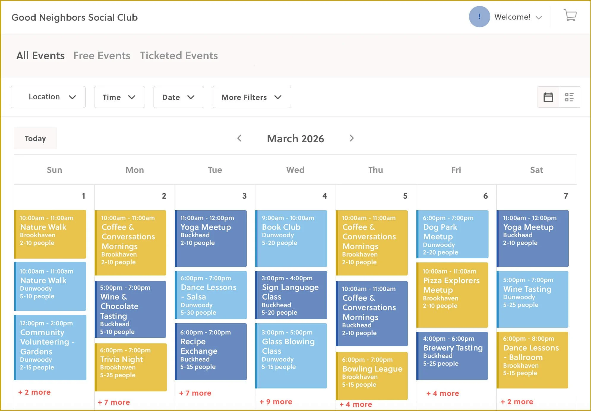 Calendar view of events for the Good Neighbors Social Club in March 2026, showing various scheduled activities including nature walks, coffee meetups, yoga, book clubs, dance lessons, tasting events, trivia nights, and more, with different times, locations, and participant ranges.