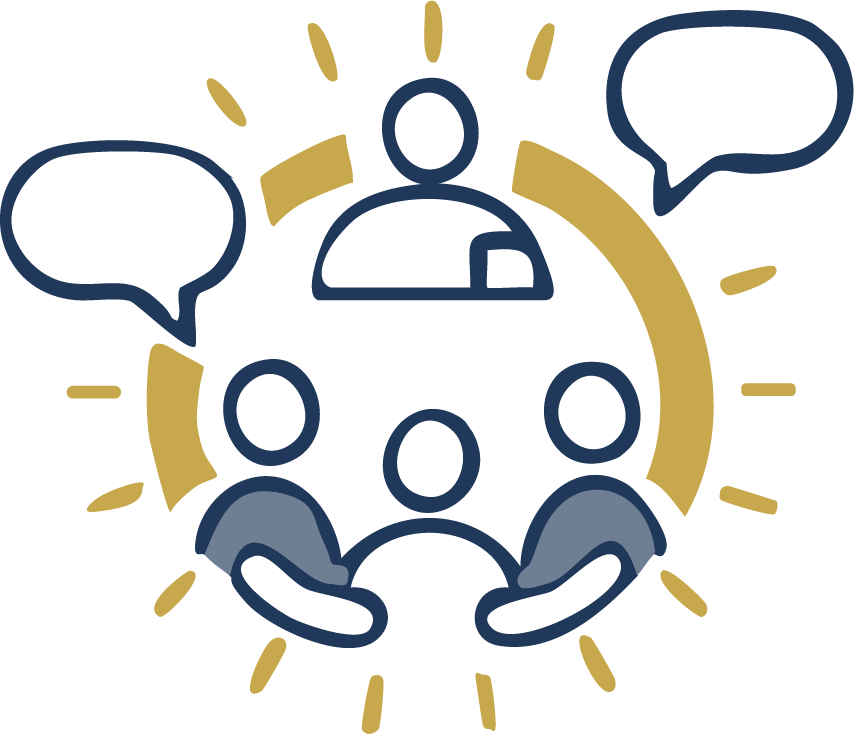 Illustration of three people connected around a circle with speech bubbles and radiant lines, representing communication or teamwork.