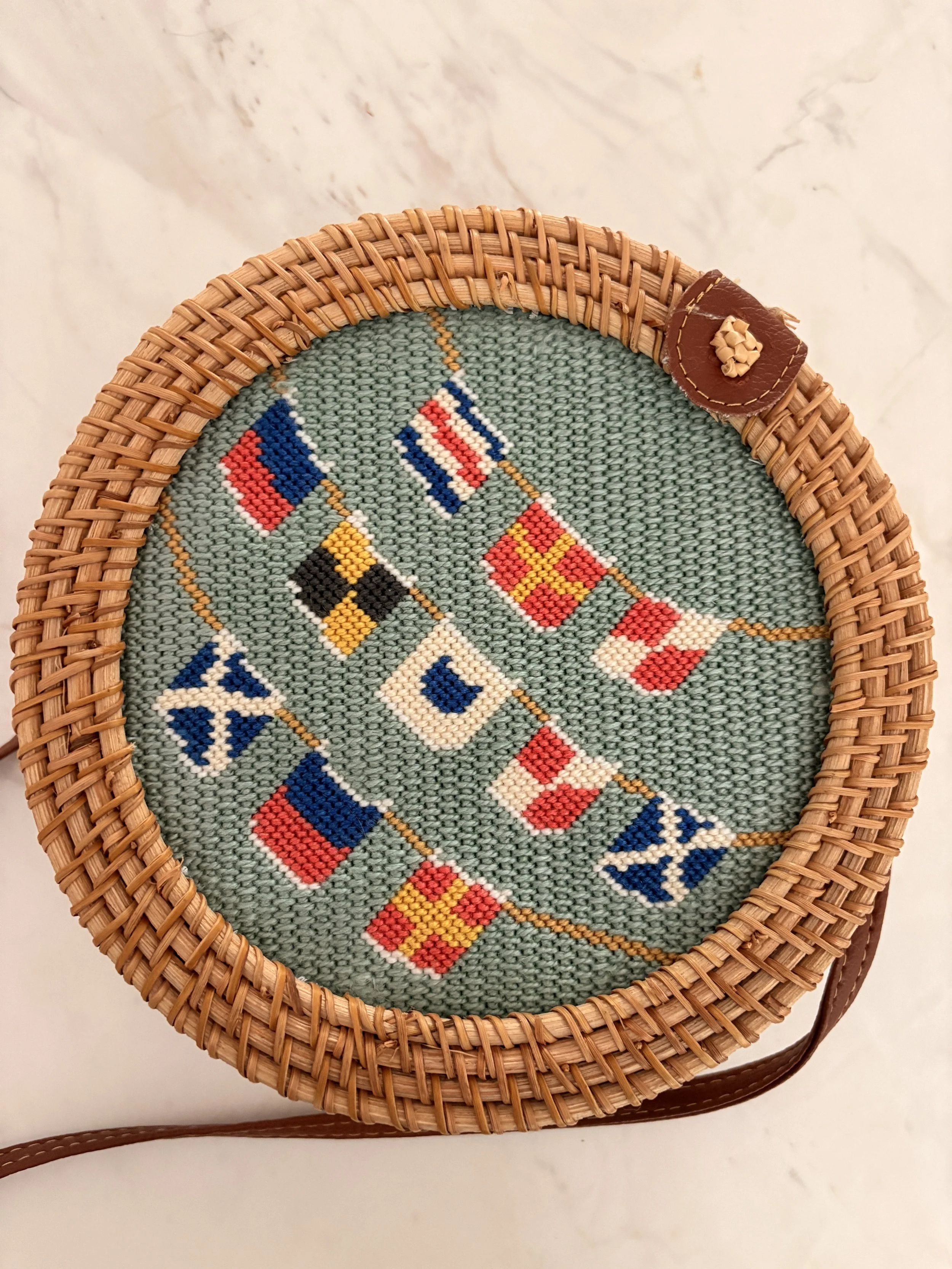 Cruel Summer Nautical Flag Round | 13 Mesh 6.5" round Needlepoint, available in store and for customization! 