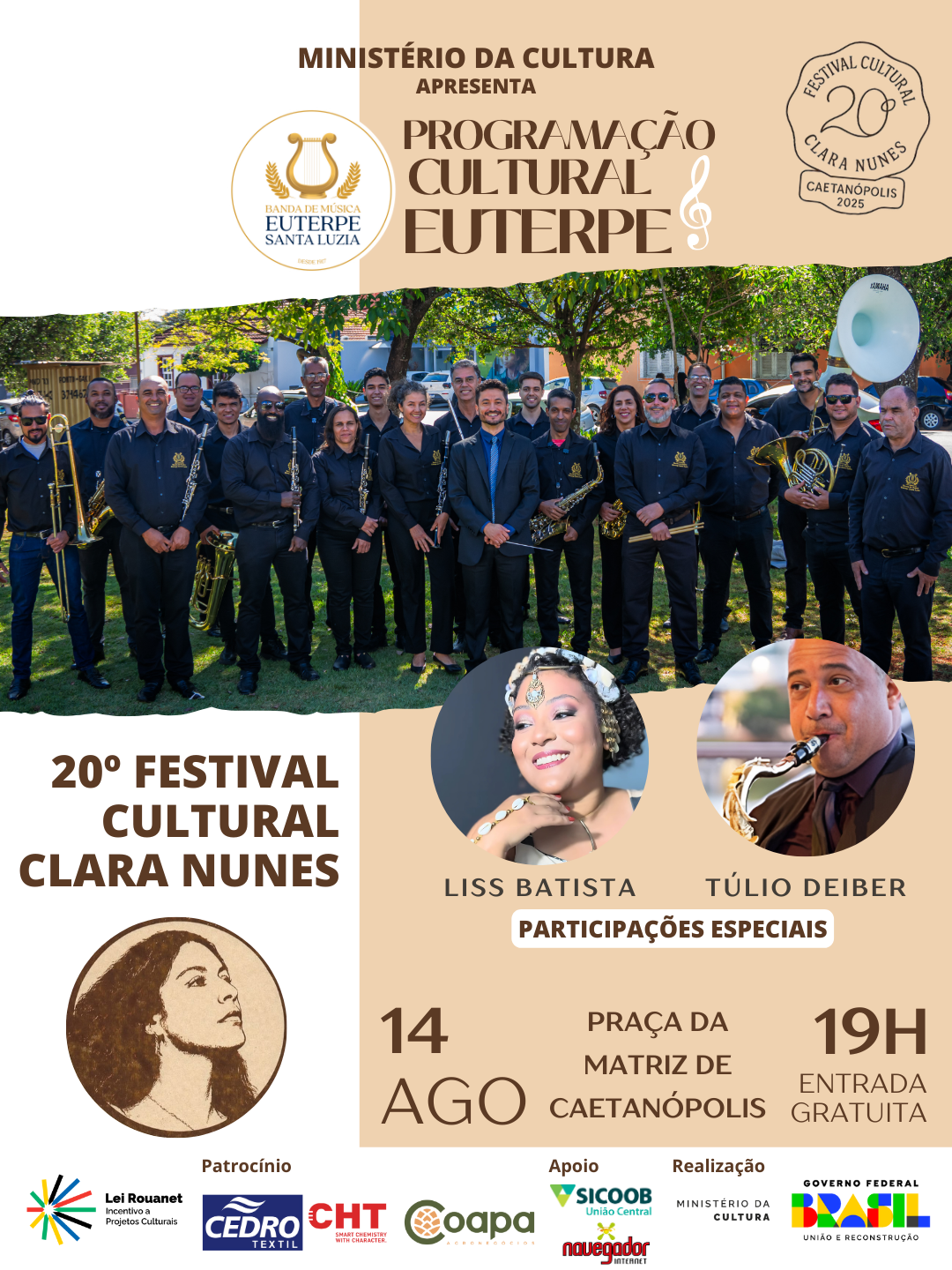 Cartaz de divulgação do 20º Festival Cultural Clara Nunes, apresentando uma foto de um grupo de músicos ao ar livre, com informações sobre o evento, participação especial de Liss Batista e Túlio Deiber, data 14 de agosto às 19h na Praça da Matriz de Caetanópolis, entrada gratuita, e logos de apoiadores e patrocinadores.