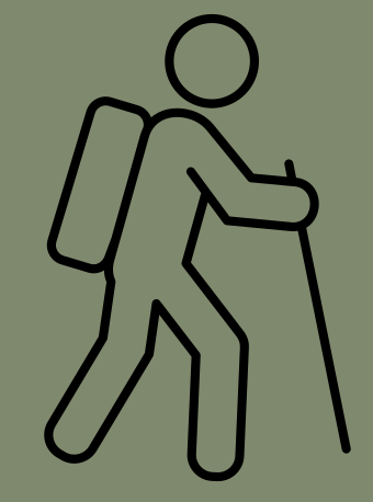 Line drawing of a person with a backpack walking with a cane on a green background.