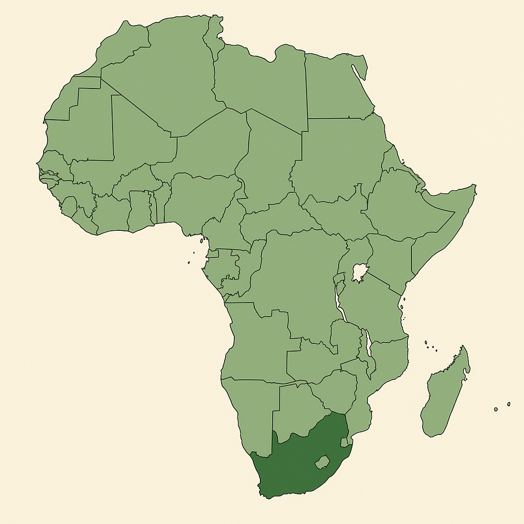 A map of Africa with each country outlined, shaded in various shades of green, highlighting South Africa
