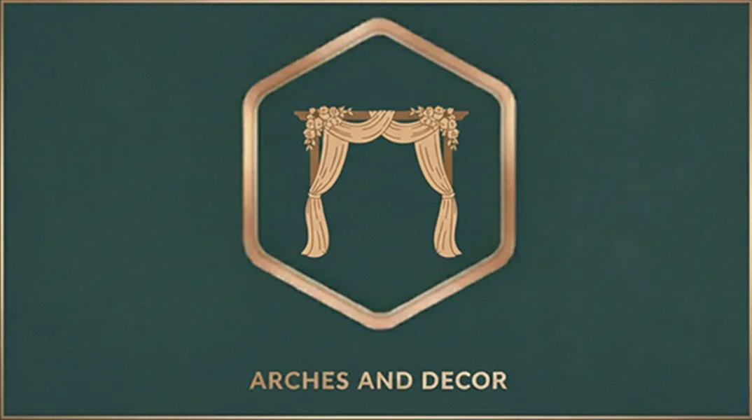 Logo with a hexagon outline containing a stylized curtain with floral decorations, and the text "Arches and Decor" below.