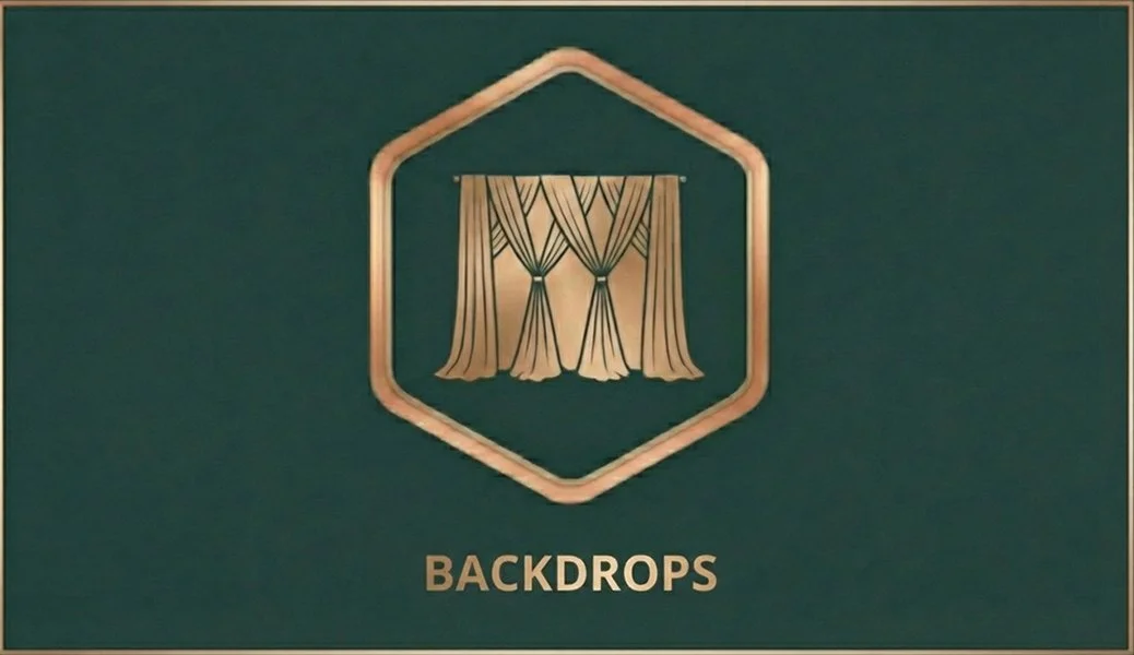 Illustration of a curtain backdrop inside a hexagon outline on a green background, with the word 'Backdrops' below.