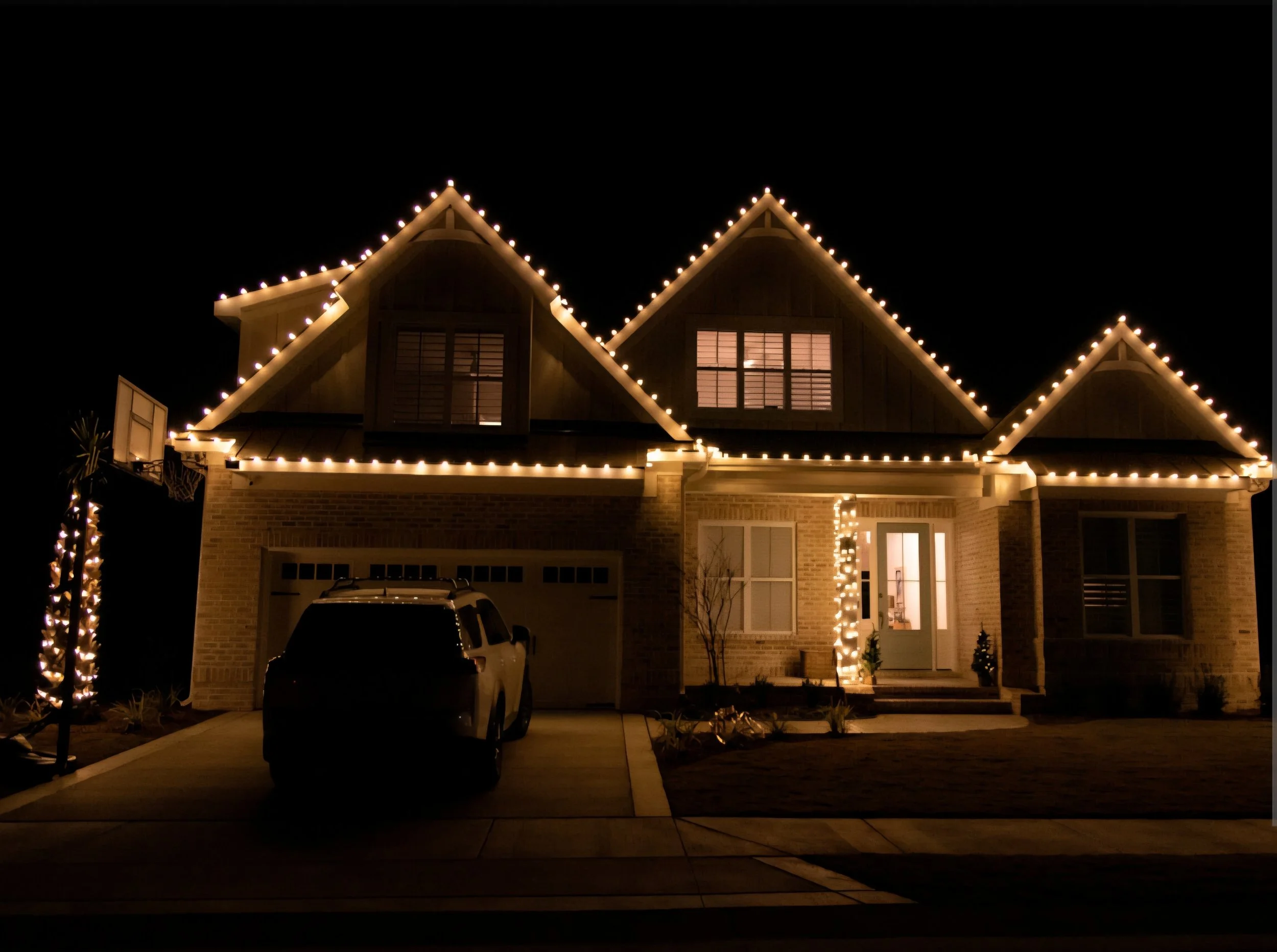 A house decorated for Christmas with lights outlining the roof and windows, a lit porch, and a dark night sky in the background.
