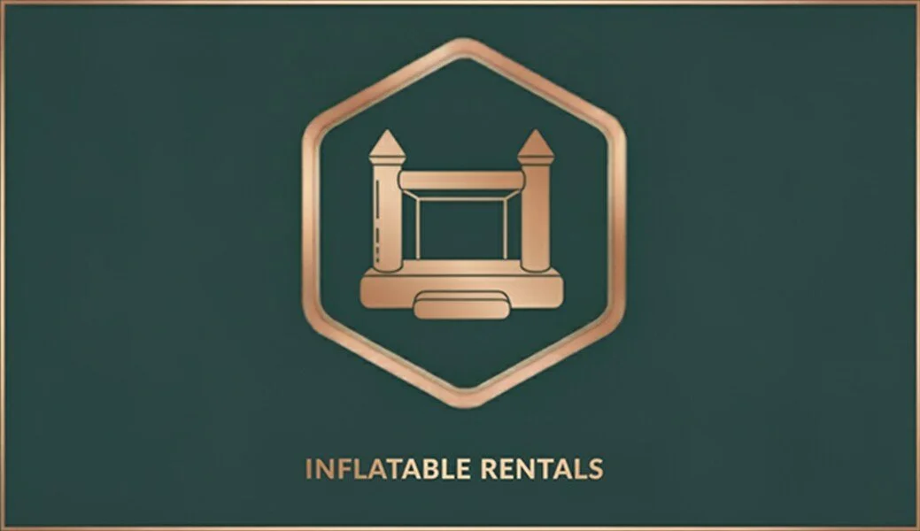Logo with a stylized inflatable bounce house inside a hexagon and the text "Inflatable Rentals" below.