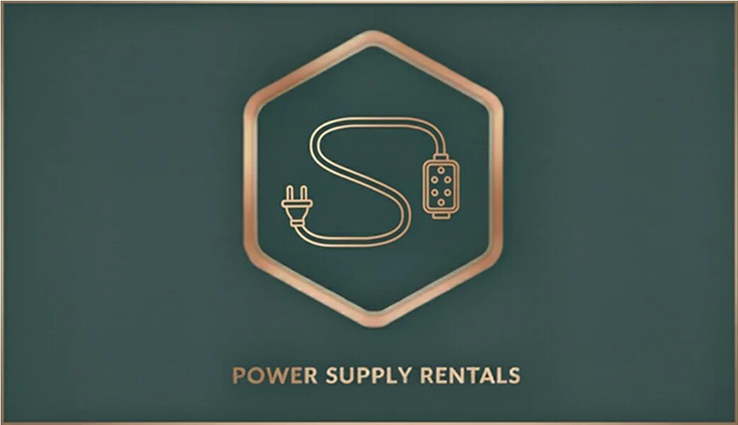 Logo with a hexagon border featuring a stylized power cord with a plug and control panel, and the text 'Power Supply Rentals' below.