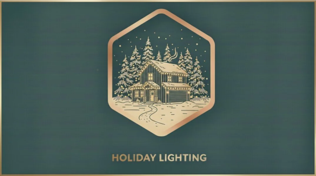 Illustration of a house with snow, trees, and holiday lights, labeled "Holiday Lighting" on a holiday card or sign.