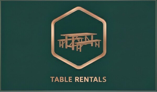 Sign with a wooden table and benches illustration and the text 'Table Rentals' on a green background.