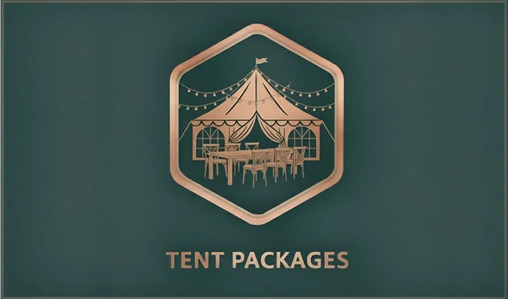 A sign with an illustration of a decorated tent with tables and chairs inside, string lights hanging, and a small flag on top, labeled "Tent Packages."