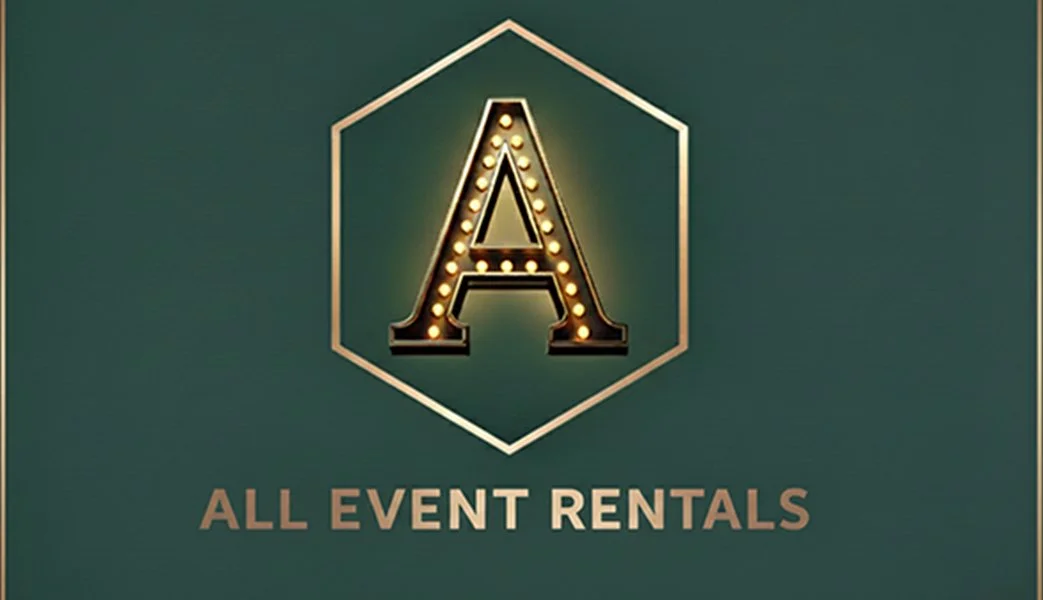 Logo with a large letter 'A' illuminated inside a hexagon, with the text 'All Event Rentals' below.
