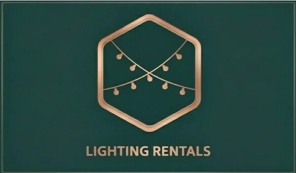 A green sign with a gold hexagonal frame and string lights illustration, reading 'Lighting Rentals' in gold lettering.