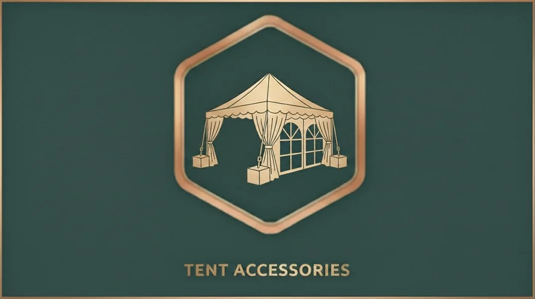 Illustration of a tent with curtains and windows, framed in a hexagon, with the text "Tent Accessories" below.
