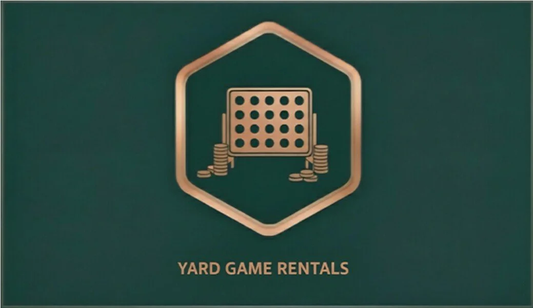 Logo for Yard Game Rentals featuring a connect four game set with stacks of coins on each side, inside a hexagon, with the company name below.