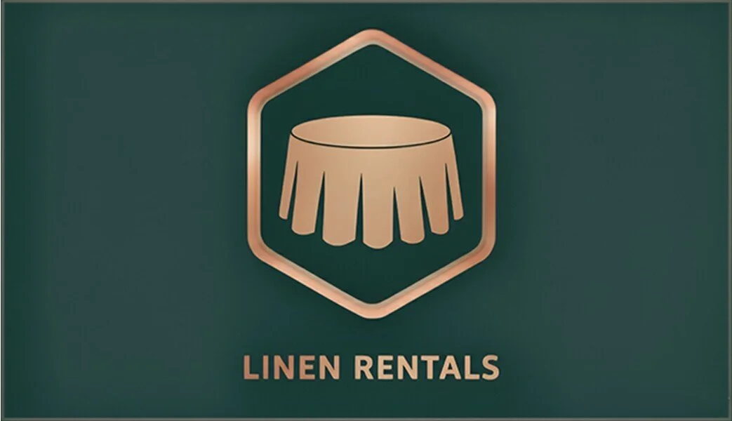 Logo for linen rentals featuring a stylized table with a tablecloth inside a hexagon shape.