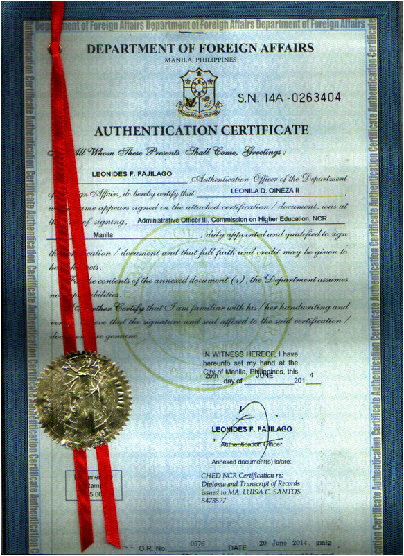 A Department of Foreign Affairs authentication certificate from Manila, Philippines, with a red ribbon and a gold seal attached.