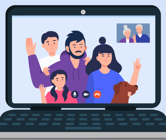 Illustration of a video call on a laptop with a family of five, including two children, a man, a woman, and a dog, waving and making peace signs, and two elderly people visible in a smaller video window.