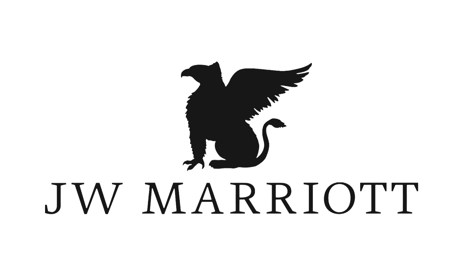 Black background with a white logo of a griffin with outstretched wings and a tail, and the text "JW MARRIOTT" underneath.