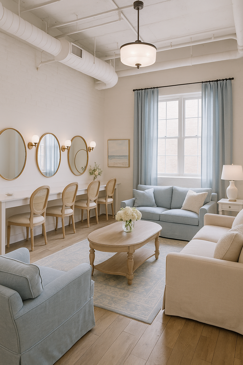 Living room with light blue and white sofas, a wooden coffee table with a vase of white flowers, a large window with light blue curtains, a wall with three oval mirrors and wall sconces, and a desk with chairs and a framed artwork.
