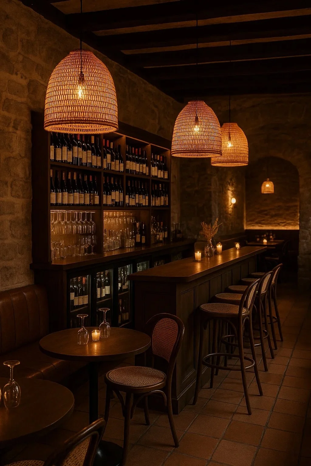 A cozy bar with hanging wicker lamps, wine bottles on shelves, glasses, candles, and wooden furniture in a warm, dimly lit ambiance.
