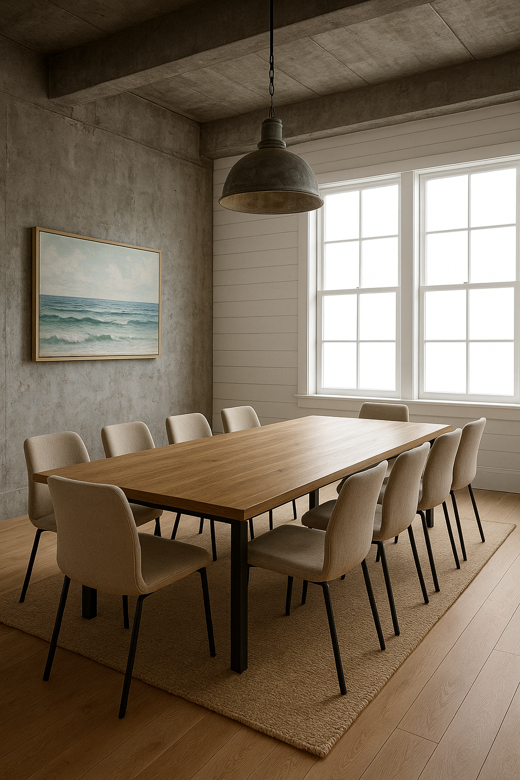 A minimalist dining room with a wooden table, nine beige chairs, a large window with white frames, a textured concrete and white wall, a hanging metal lamp, and a seascape painting on the wall.