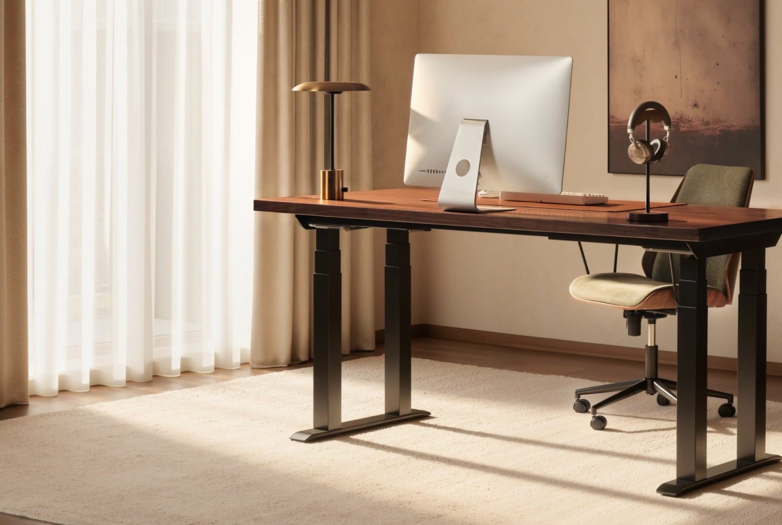 FS O-Leg sit-stand desk — four-leg base with a Crown wood top and one chair