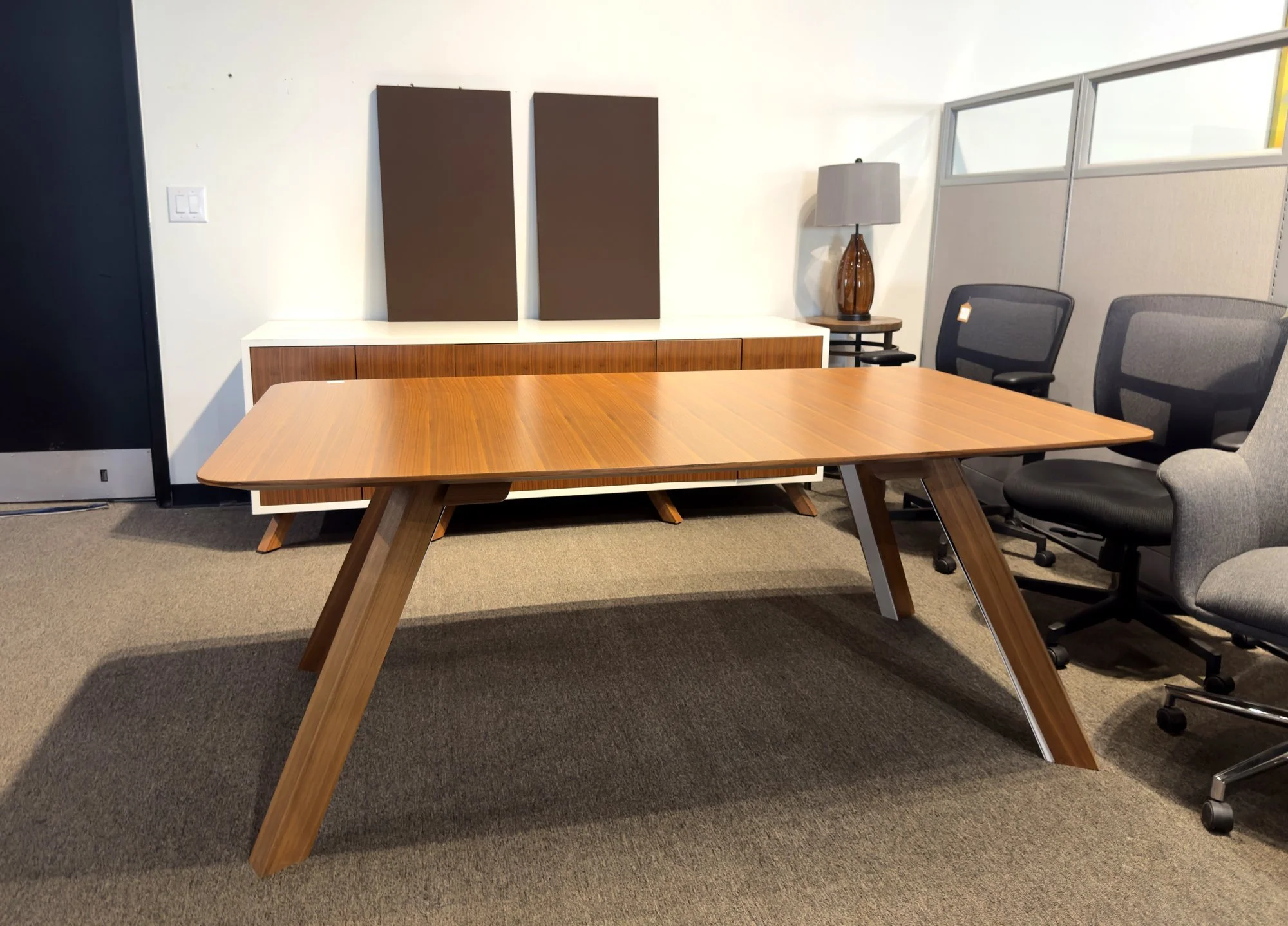 Closeout 2PC Executive Package — walnut-look table with angled legs and white storage credenza