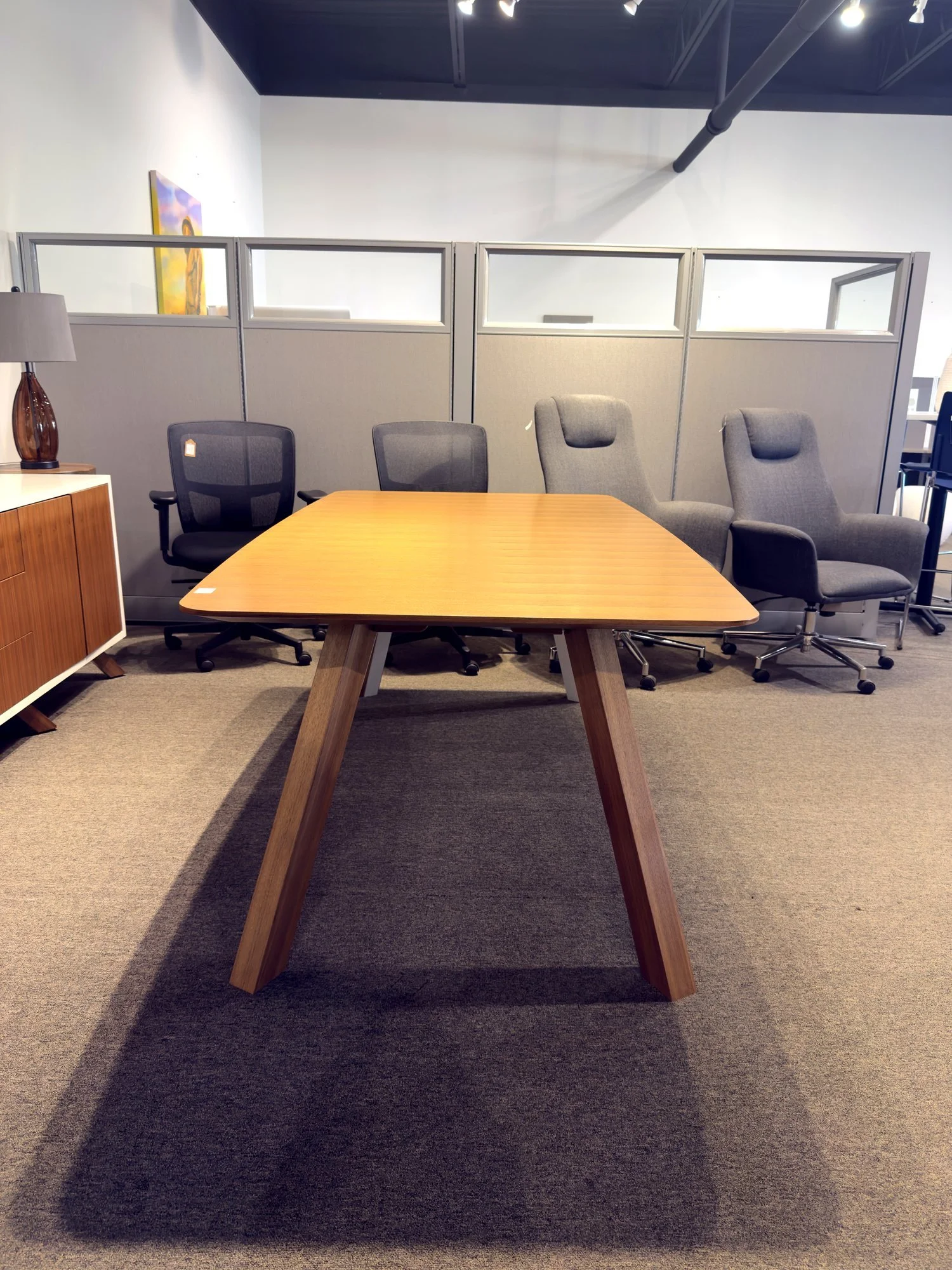 Closeout 2PC Executive Package — end view of 6' walnut-look table with angled legs