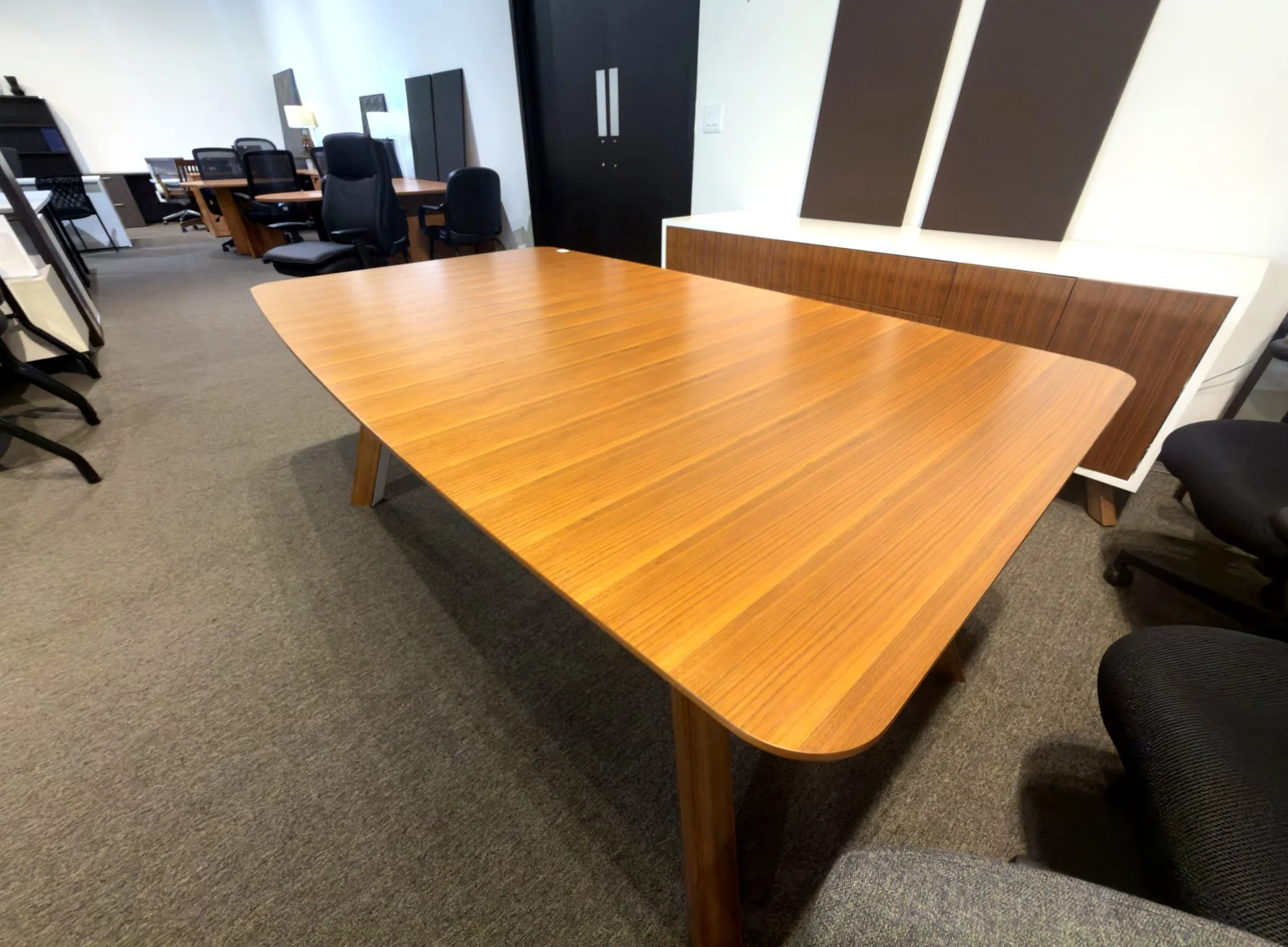 Closeout 2PC Executive Package — walnut-look table top with credenza behind