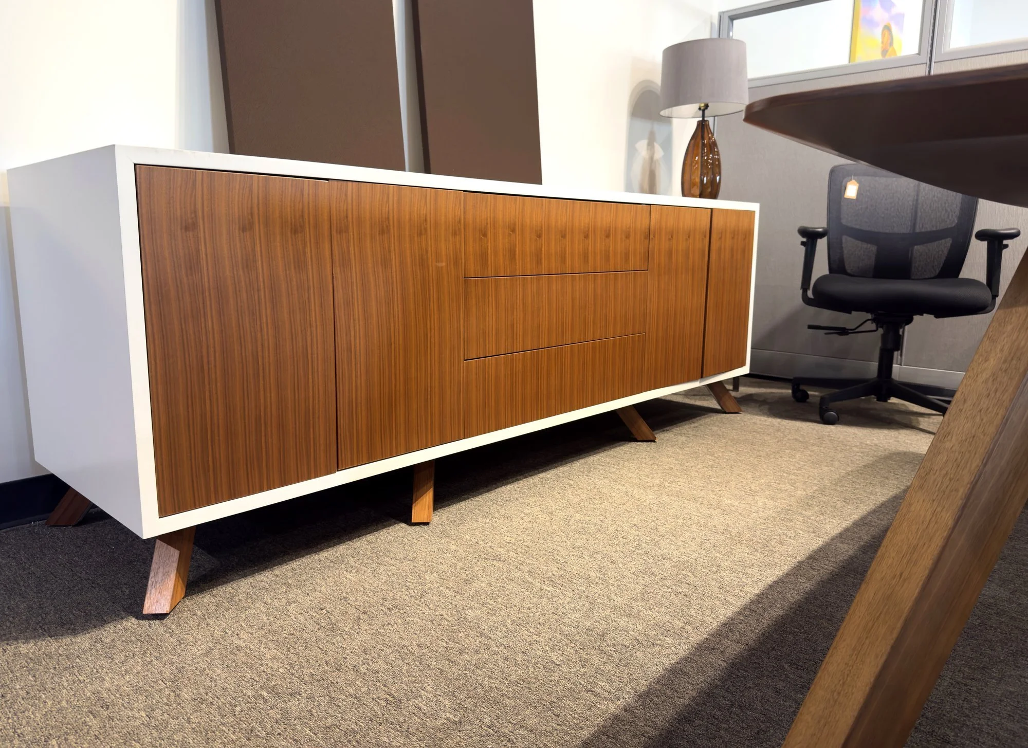 Closeout 2PC Executive Package — 7' white credenza with walnut doors and drawers