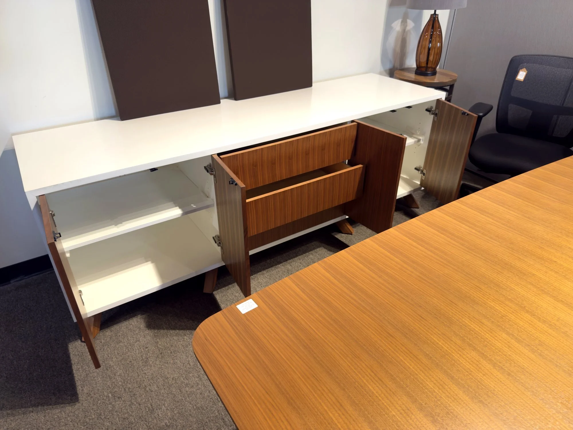 Closeout 2PC Executive Package — credenza open showing shelves and drawers