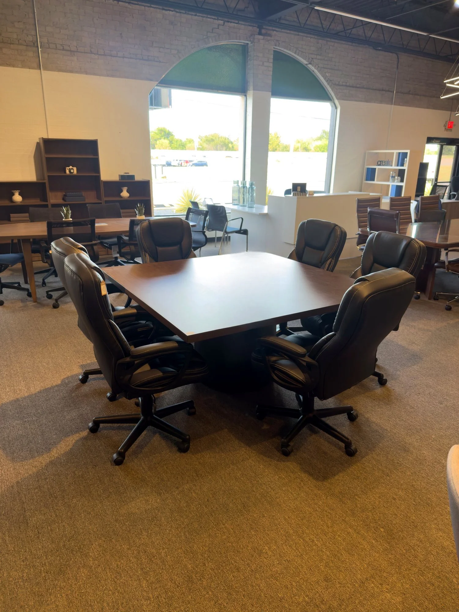 7PC Conference Package — dark square conference table with six black leather chairs