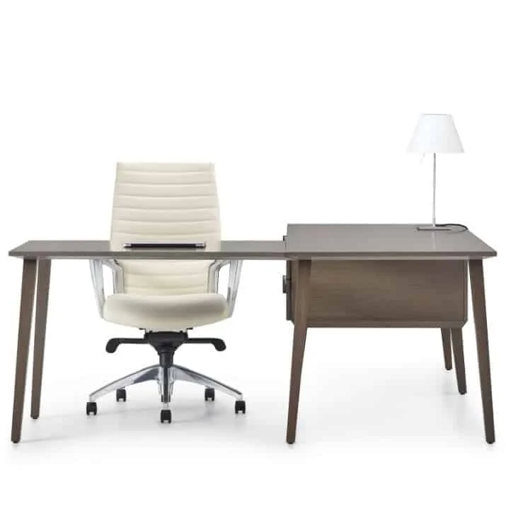 Corby Desking Line — dark wood L-desk front view with white ribbed task chair