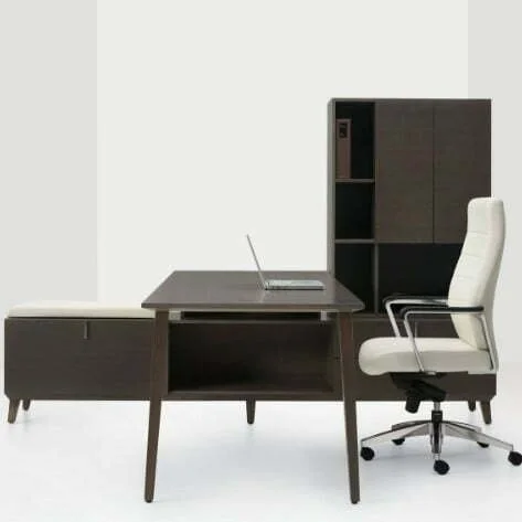 Corby Desking Line — dark wood desk suite with tall cabinet and cushioned bench