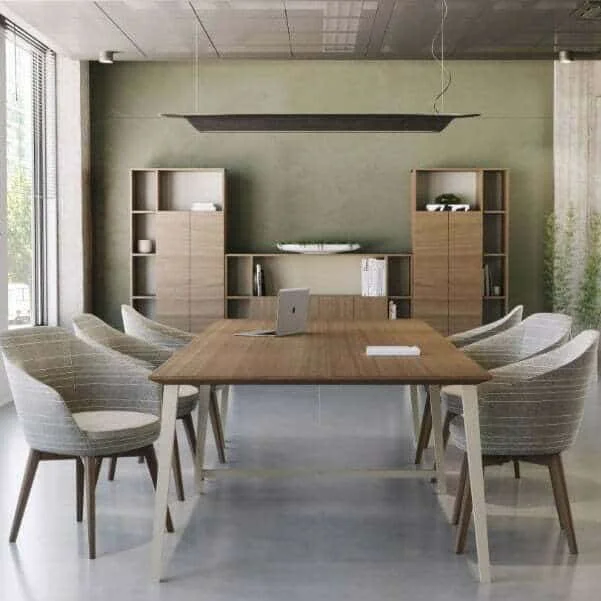 Corby Desking Line — wood conference table with matching storage and guest chairs