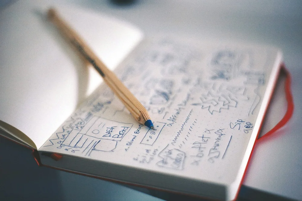 Design planning notebook and pencil