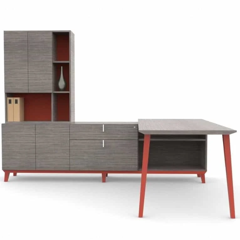 Corby Desking Line — gray wood L-desk with orange-accent legs and hutch