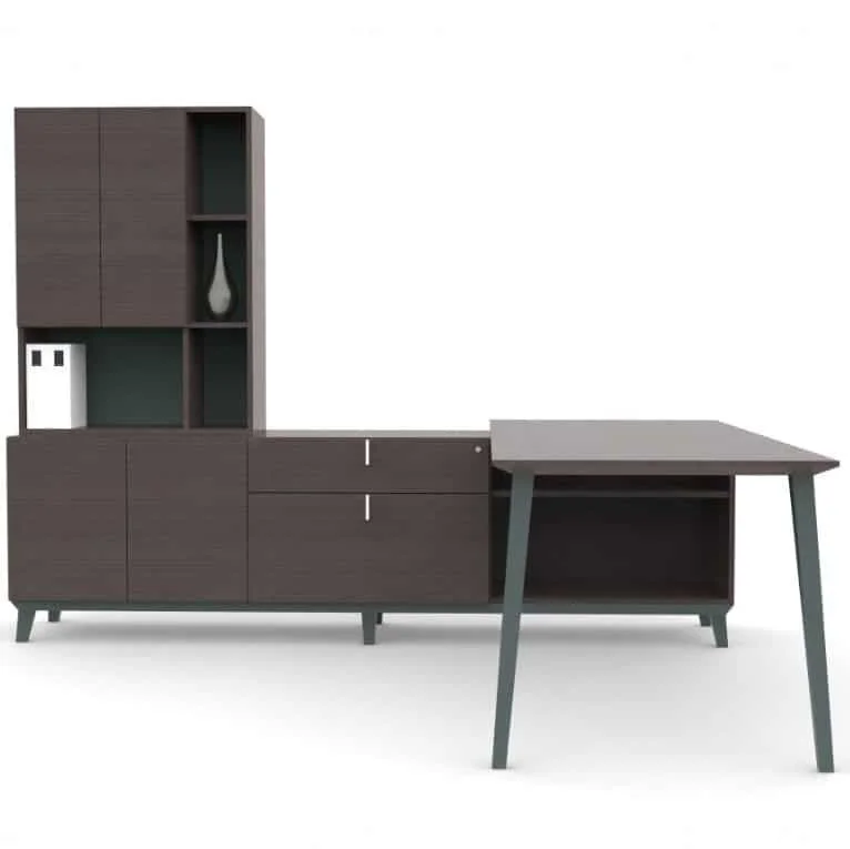 Corby Desking Line — dark wood L-desk with tall hutch and lateral file drawers