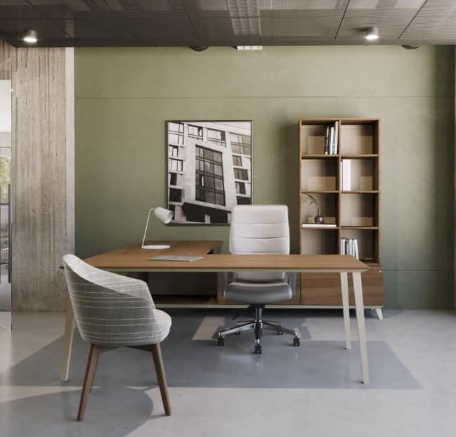 Corby Desking Line — L-shaped wood desk and tall bookcase in a modern office