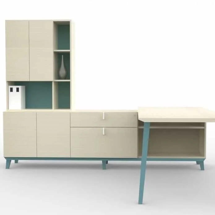 Corby Desking Line — light wood credenza workstation with teal accents