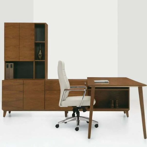 Corby Desking Line — light wood executive desk with storage wall and white task chair