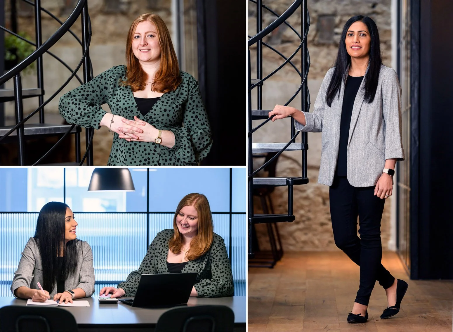 Collage of three women in an office setting. Top left: a woman with red hair wearing a green polka dot dress, smiling; Top right: a woman with black hair wearing a grey blazer, standing near a spiral staircase; Bottom: two women sitting at a conferen