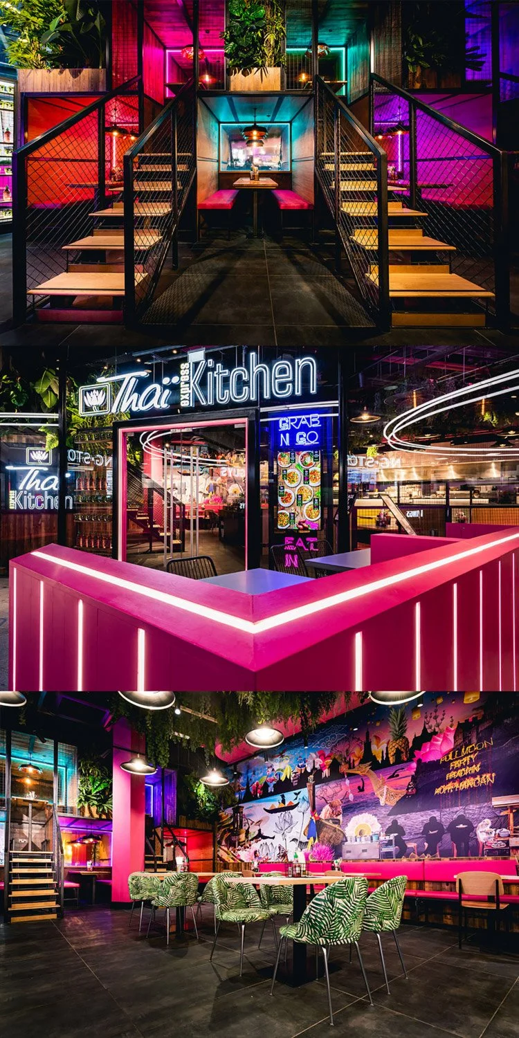 Interior photography of a contemporary restaurant with sleek furniture.