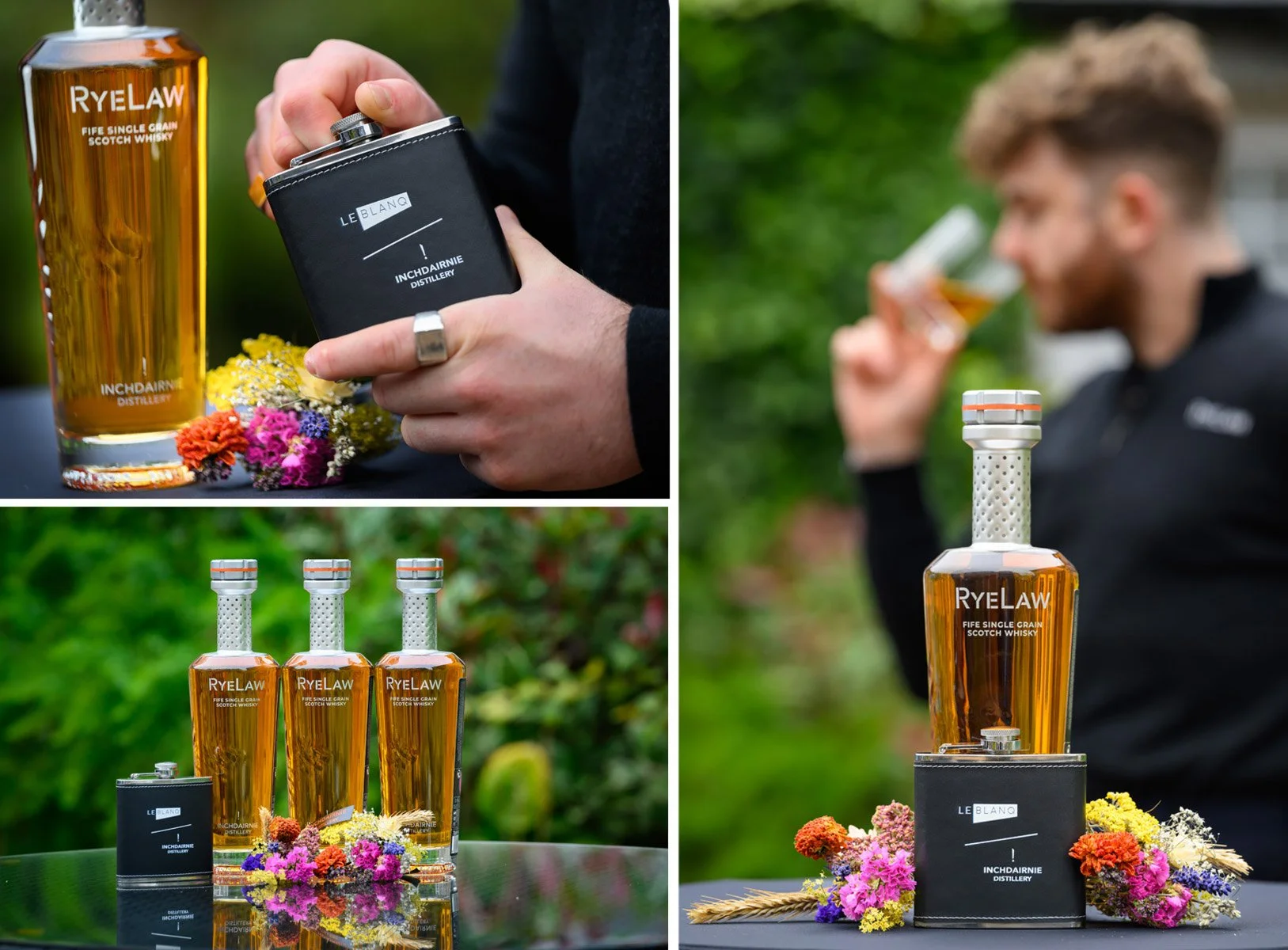 A person holding a flask of RYELAW scotch whisky beside a glass of whisky and colorful flowers on a table, with a man in the background drinking whisky. The bottle features a distinctive silver cap, and there are three additional bottles of whiskey a