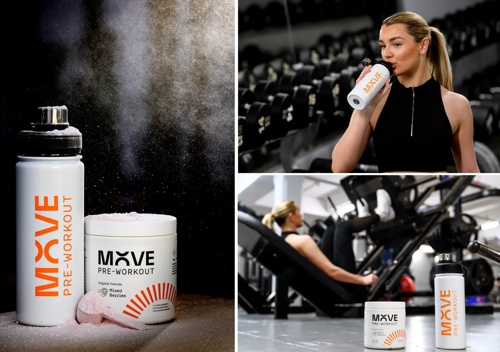 Collage of workout supplements and women exercising. Left side shows a white shaker bottle and a tub of pre-workout powder with some powder spilled nearby. Top right shows a woman drinking from a white water bottle labeled 'MOVE PRE-WORKOUT' in a gym