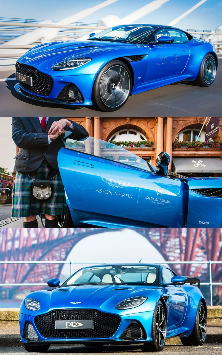 A blue Aston Martin DBS supercar in different settings, including on a bridge, outside a building with an individual in traditional Scottish attire, and in front of a bridge structure.